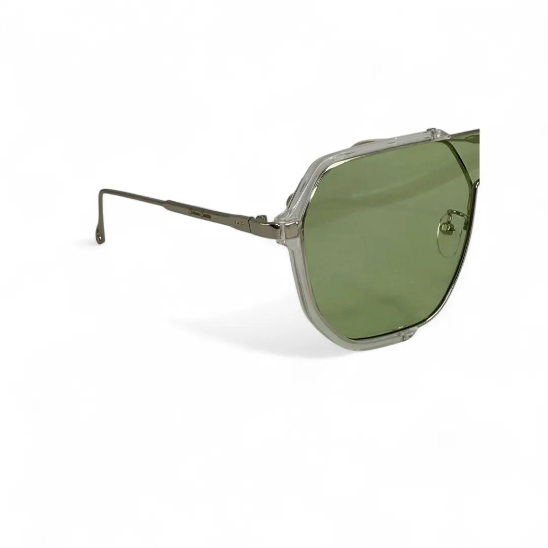 ÓCULOS DE SOL REDONDO COM DETALHES LENTE VERDE CLARO ARMAÇÃO TRASPARENTE COM PROTEÇÃO UV 400 - MARCA PROPRIA