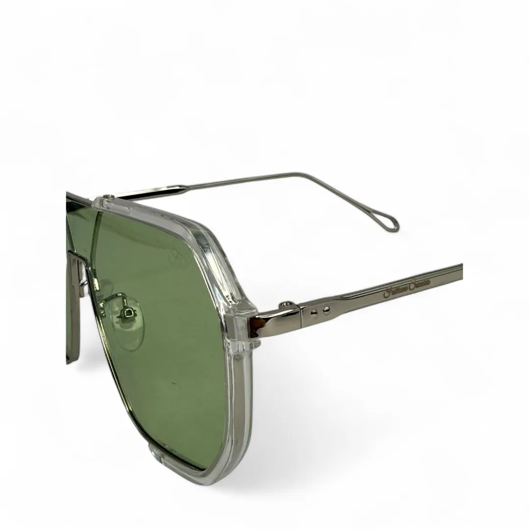 ÓCULOS DE SOL REDONDO COM DETALHES LENTE VERDE CLARO ARMAÇÃO TRASPARENTE COM PROTEÇÃO UV 400 - MARCA PROPRIA