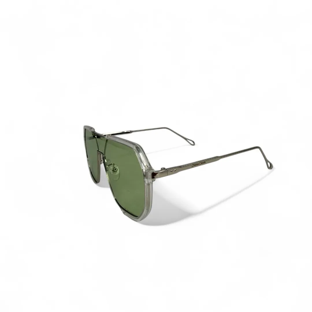 ÓCULOS DE SOL REDONDO COM DETALHES LENTE VERDE CLARO ARMAÇÃO TRASPARENTE COM PROTEÇÃO UV 400 - MARCA PROPRIA