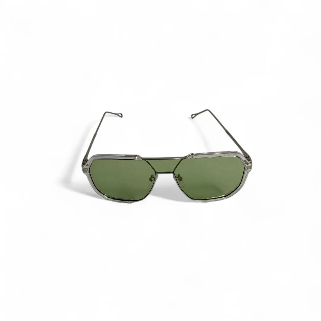ÓCULOS DE SOL REDONDO COM DETALHES LENTE VERDE CLARO ARMAÇÃO TRASPARENTE COM PROTEÇÃO UV 400 - MARCA PROPRIA