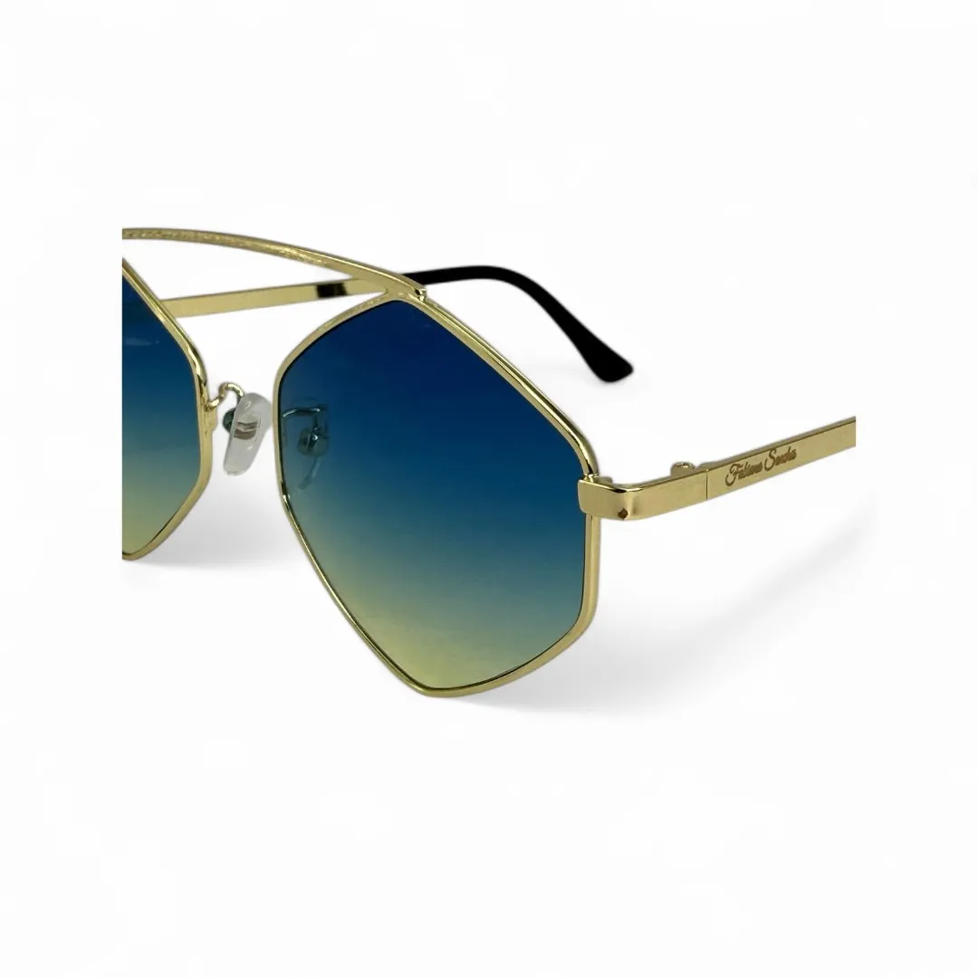 ÓCULOS DE SOL OCTAGON COM LENTE AZUL DEGRADE ARMAÇÃO DOURADA COM PROTEÇÃO UV 400 - MARCA PROPRIA