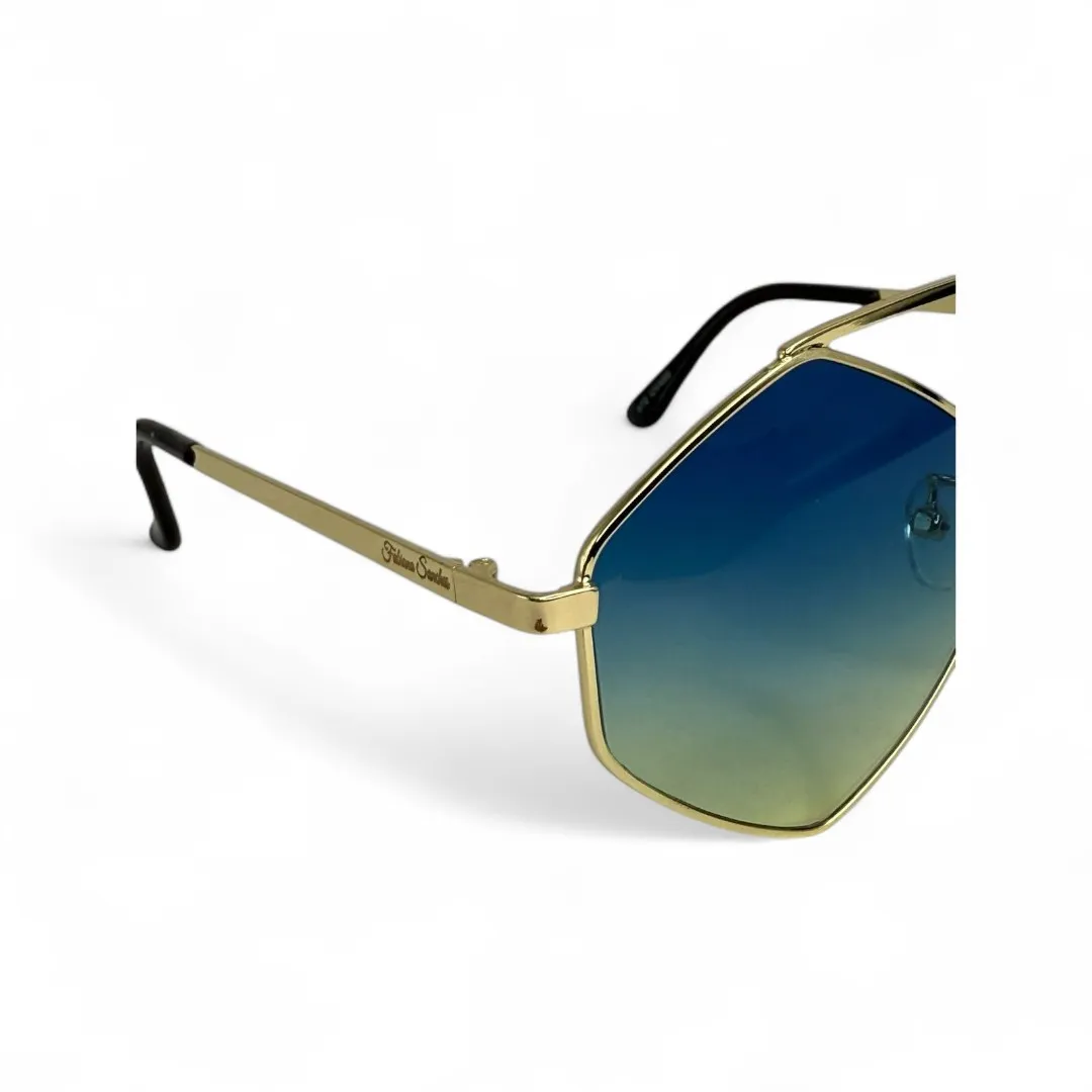 ÓCULOS DE SOL OCTAGON COM LENTE AZUL DEGRADE ARMAÇÃO DOURADA COM PROTEÇÃO UV 400 - MARCA PROPRIA