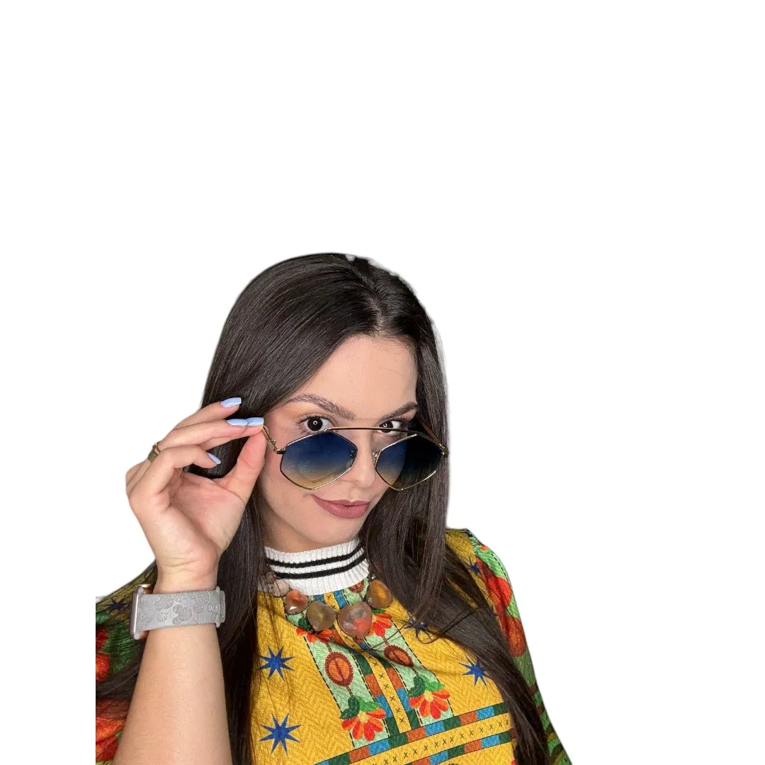 ÓCULOS DE SOL OCTAGON COM LENTE AZUL DEGRADE ARMAÇÃO DOURADA COM PROTEÇÃO UV 400 - MARCA PROPRIA