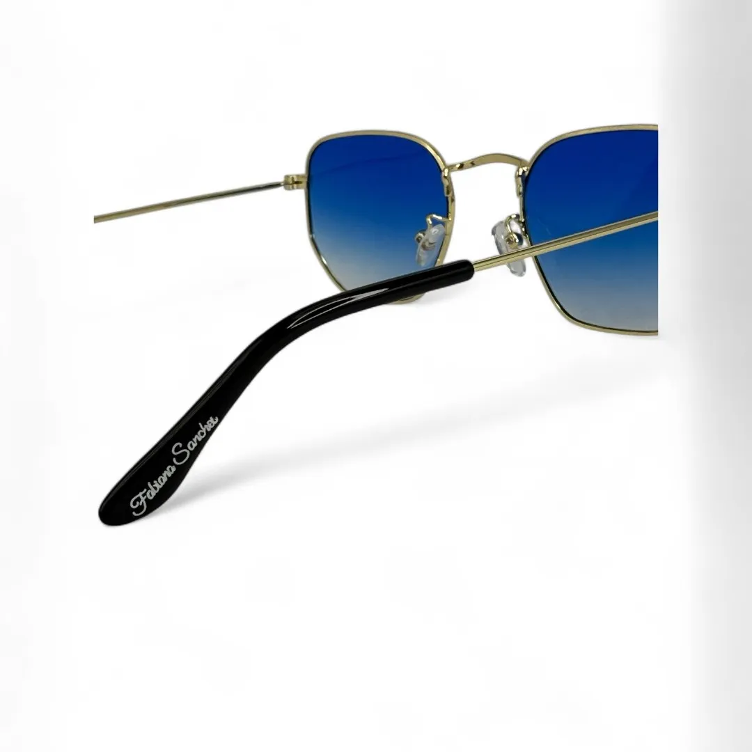 ÓCULOS DE SOL HEXAGON COM LENTE AZUL DEGRADE ARMAÇÃO DOURADA COM PROTEÇÃO UV 400 - MARCA PROPRIA