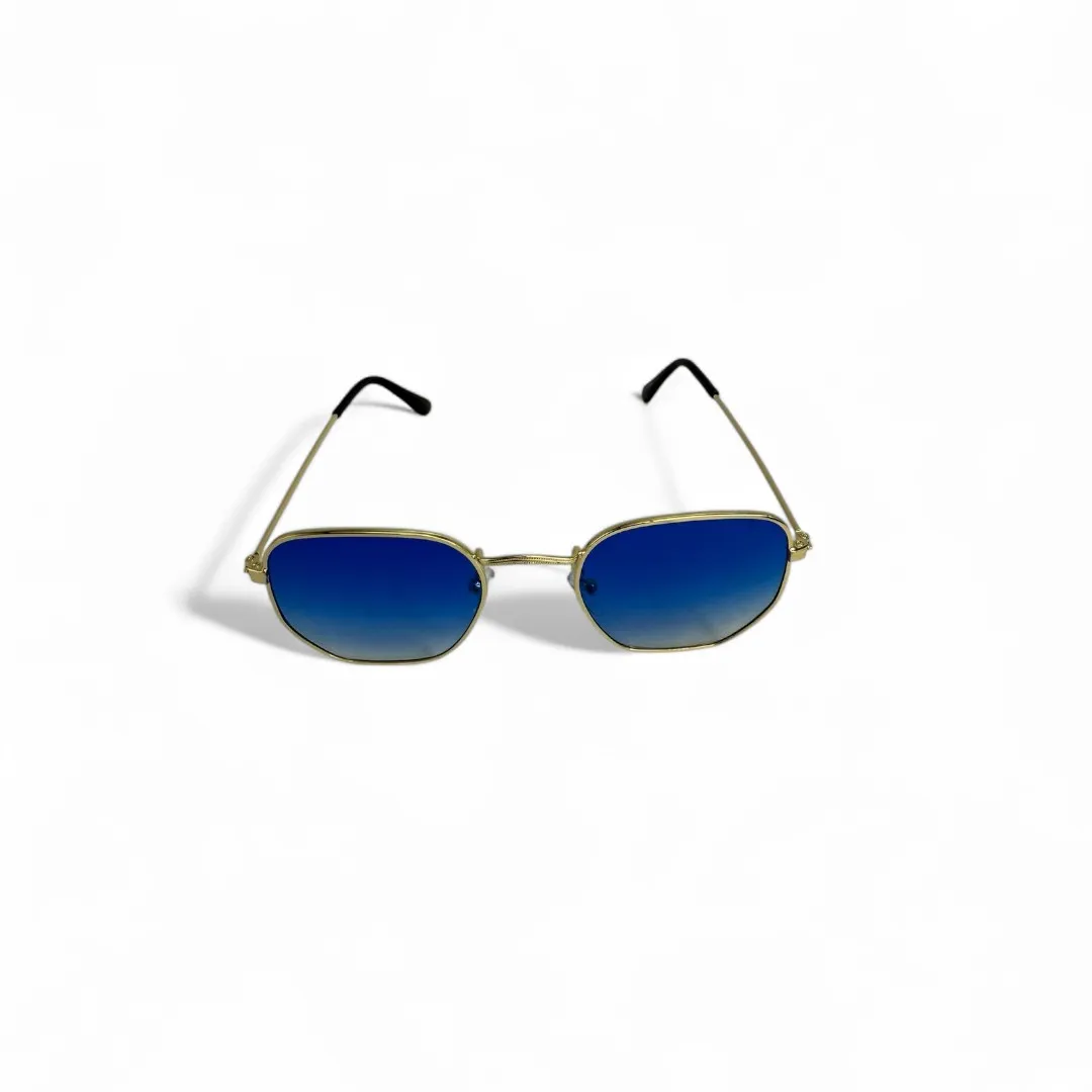 ÓCULOS DE SOL HEXAGON COM LENTE AZUL DEGRADE ARMAÇÃO DOURADA COM PROTEÇÃO UV 400 - MARCA PROPRIA