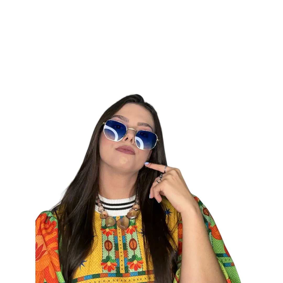 ÓCULOS DE SOL HEXAGON COM LENTE AZUL DEGRADE ARMAÇÃO DOURADA COM PROTEÇÃO UV 400 - MARCA PROPRIA