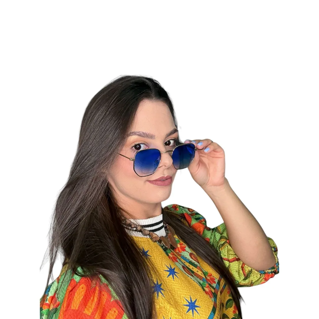 ÓCULOS DE SOL HEXAGON COM LENTE AZUL DEGRADE ARMAÇÃO DOURADA COM PROTEÇÃO UV 400 - MARCA PROPRIA