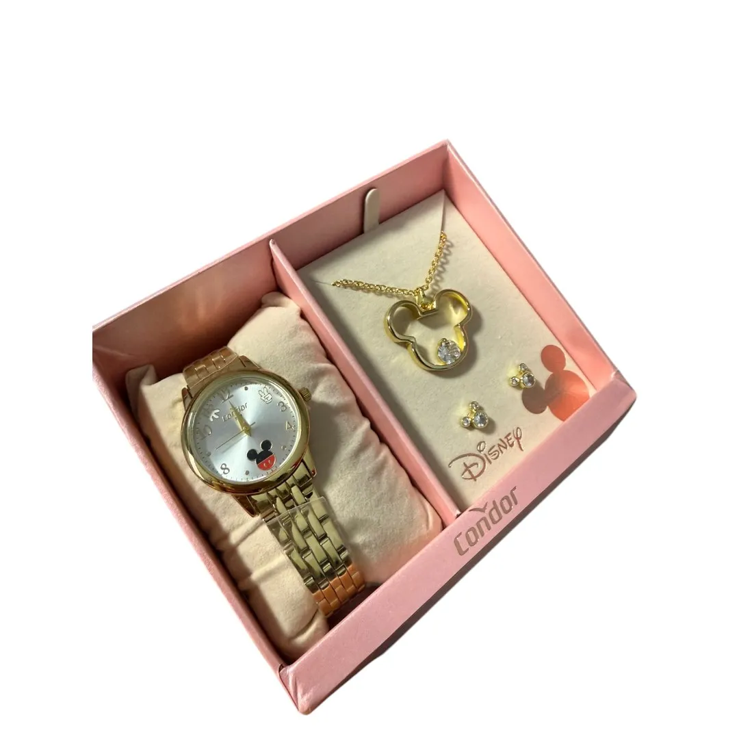 RELOGIO CONDOR FEMININO LINHA DISNEY DOURADO COM FUNDO MIKEY ACOMPANHA ACESSORIOS CORRENTE E BRINCO PERSONAGEM - COR AÇO DOURADO
