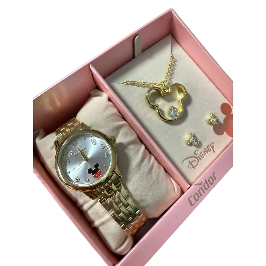 RELOGIO CONDOR FEMININO LINHA DISNEY DOURADO COM FUNDO MIKEY ACOMPANHA ACESSORIOS CORRENTE E BRINCO PERSONAGEM - COR AÇO DOURADO
