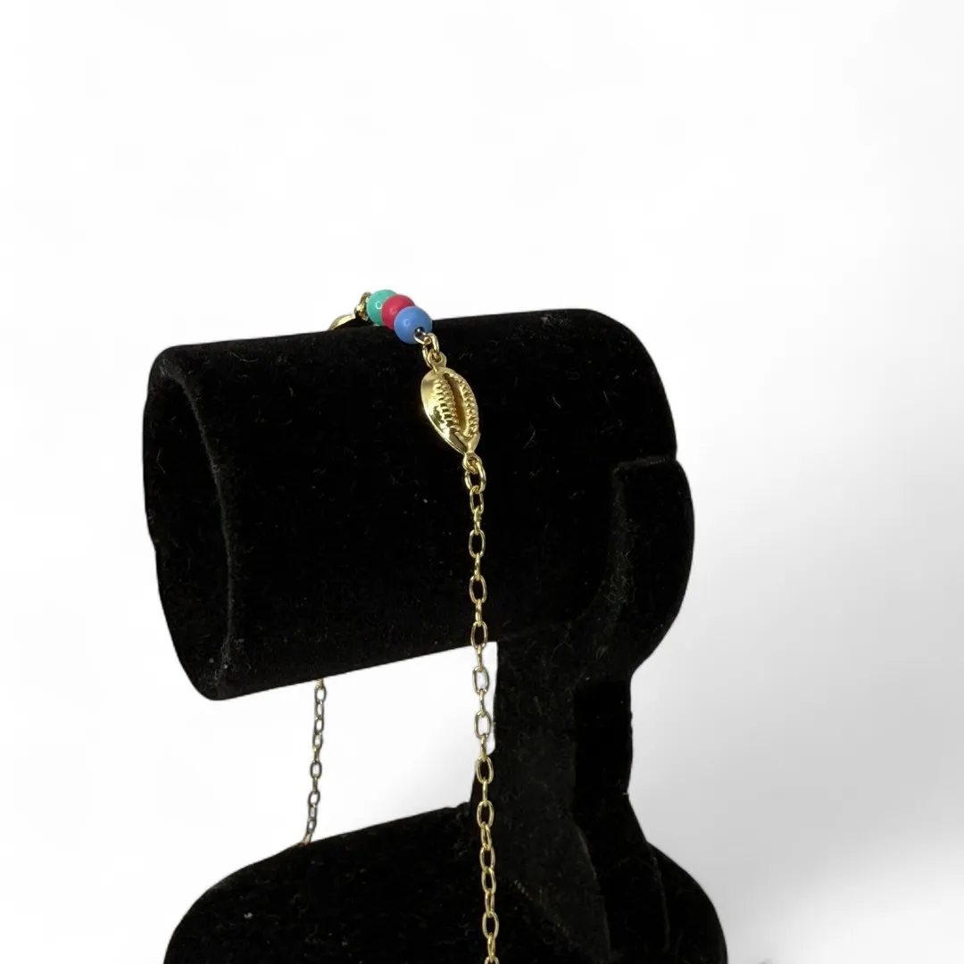 TORNOZELEIRA ELO GRUMET BUZIOS COM BOLINHAS COLORIDAS  E EXTENSOR - BANHADO A OURO 18K