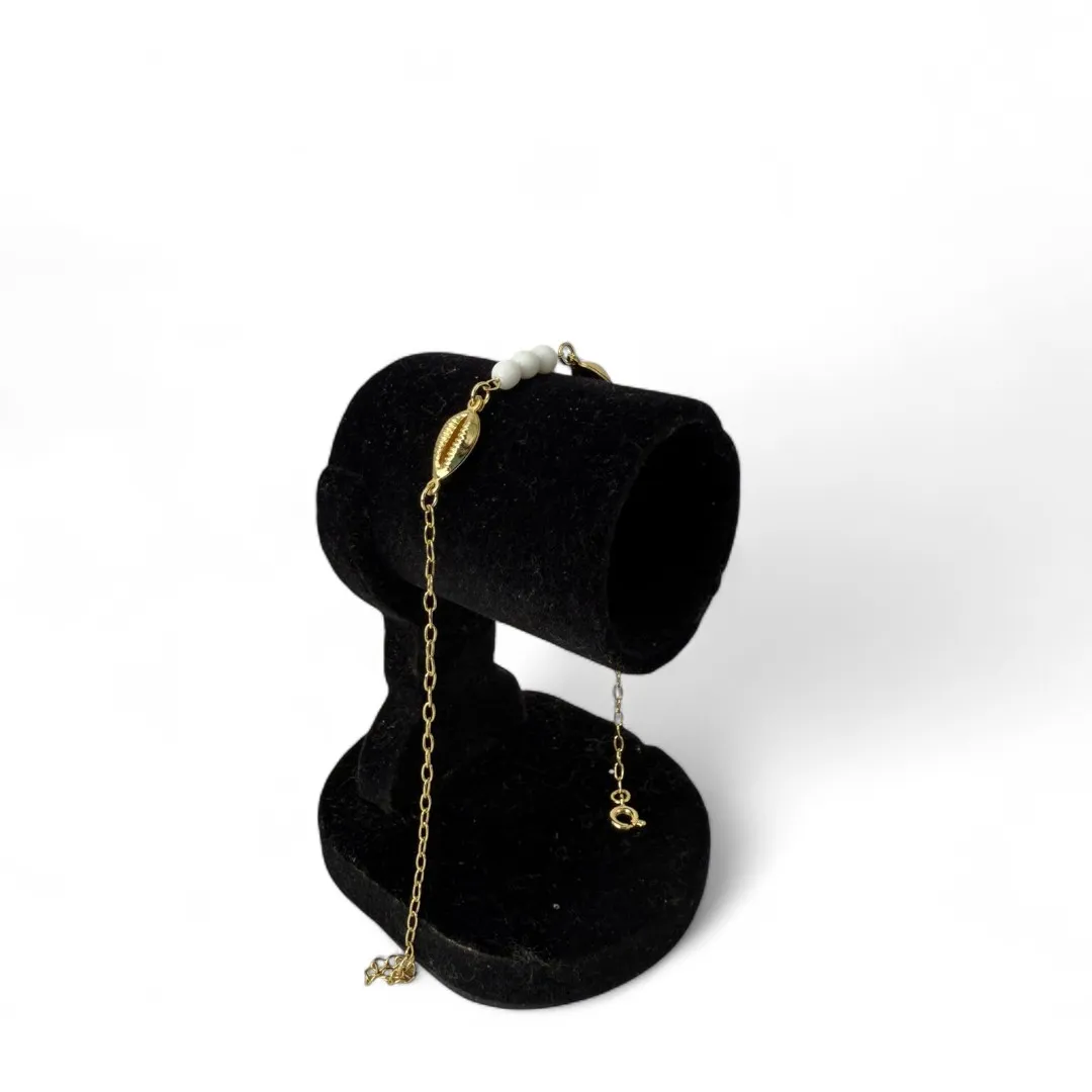 TORNOZELEIRA ELO GRUMET BUZIOS COM BOLINHAS BRANCAS E EXTENSOR - BANHADO A OURO 18K