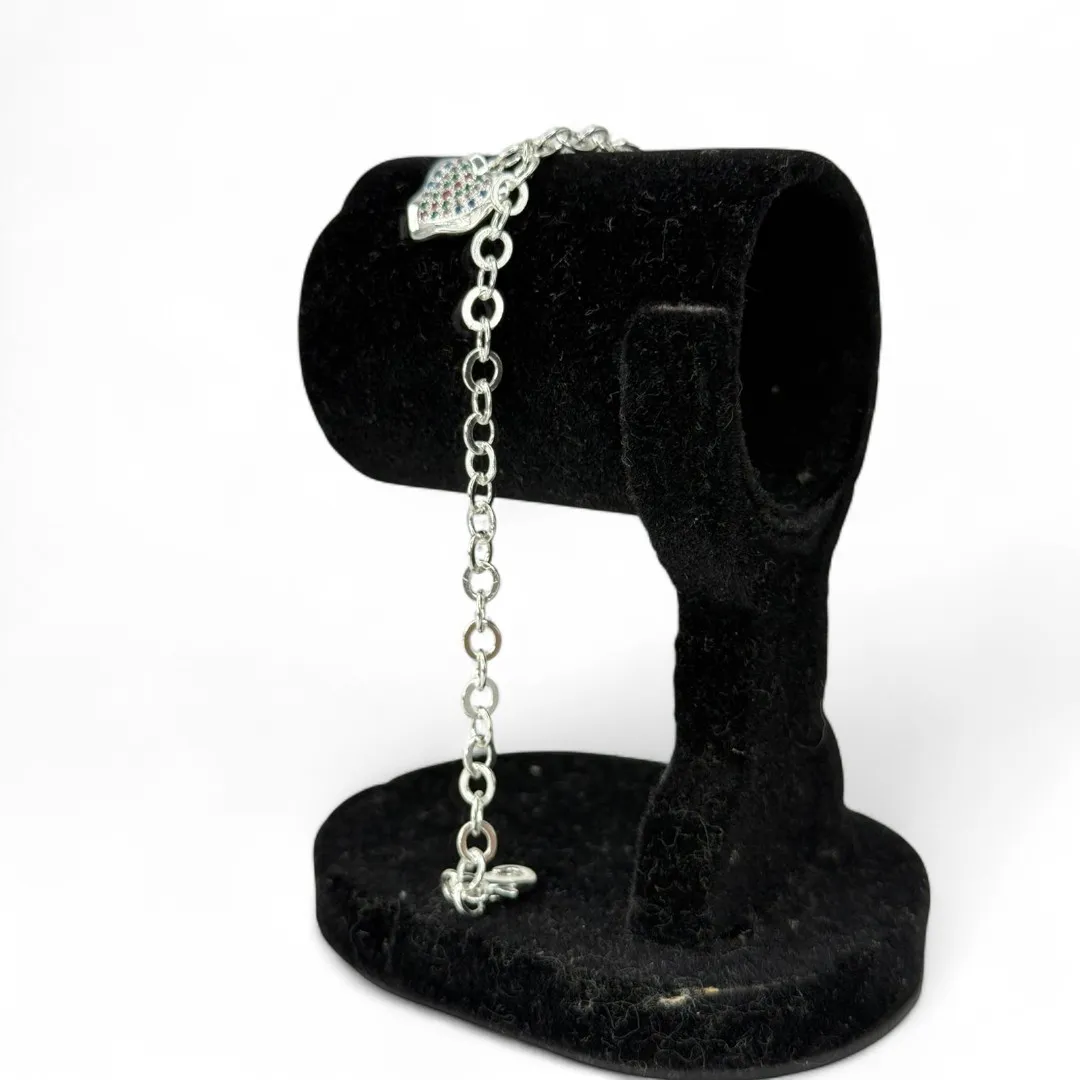 PULSEIRA ELO GRUMET LARGO COM CORAÇÃO CRAVEJADO COLORIDO -  BANHADO A PRATA 925