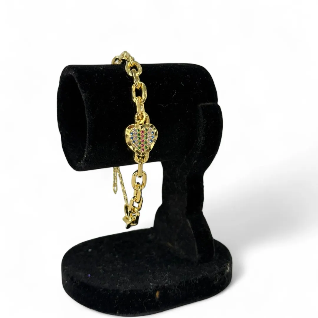 PULSEIRA ELO CARTHIE CADIADINHO COM CORAÇÃO CRAVEJADO COM MICRO ZIRCONIA COLORIDA-  BANHADO A OURO 18K