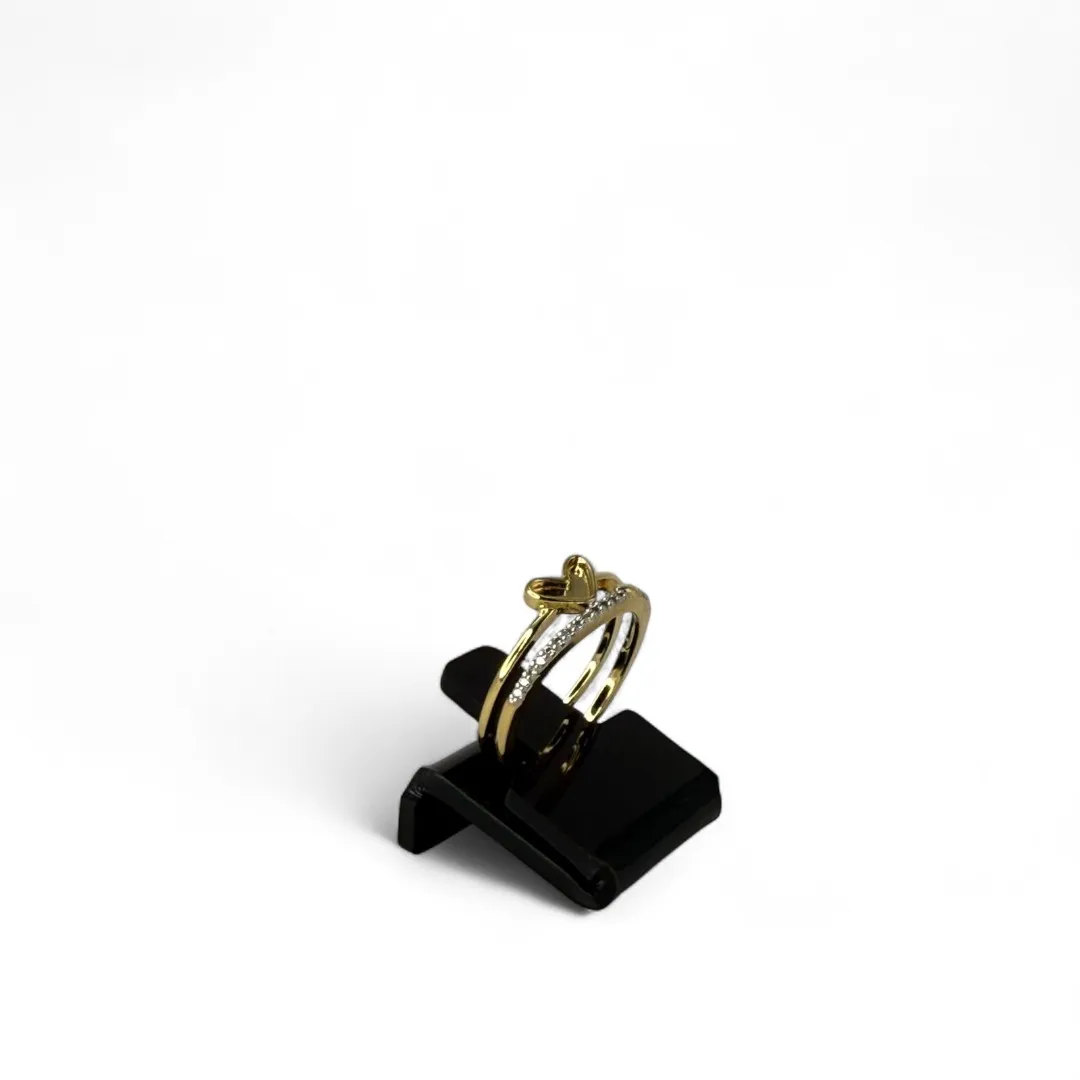 ANEL ARO DUPLO CORAÇÃO LISO COM ARO EM MICRO ZIRCONIA CRAVADA CRISTA Nº REGULAVEL - BANHADO A OURO 18K
