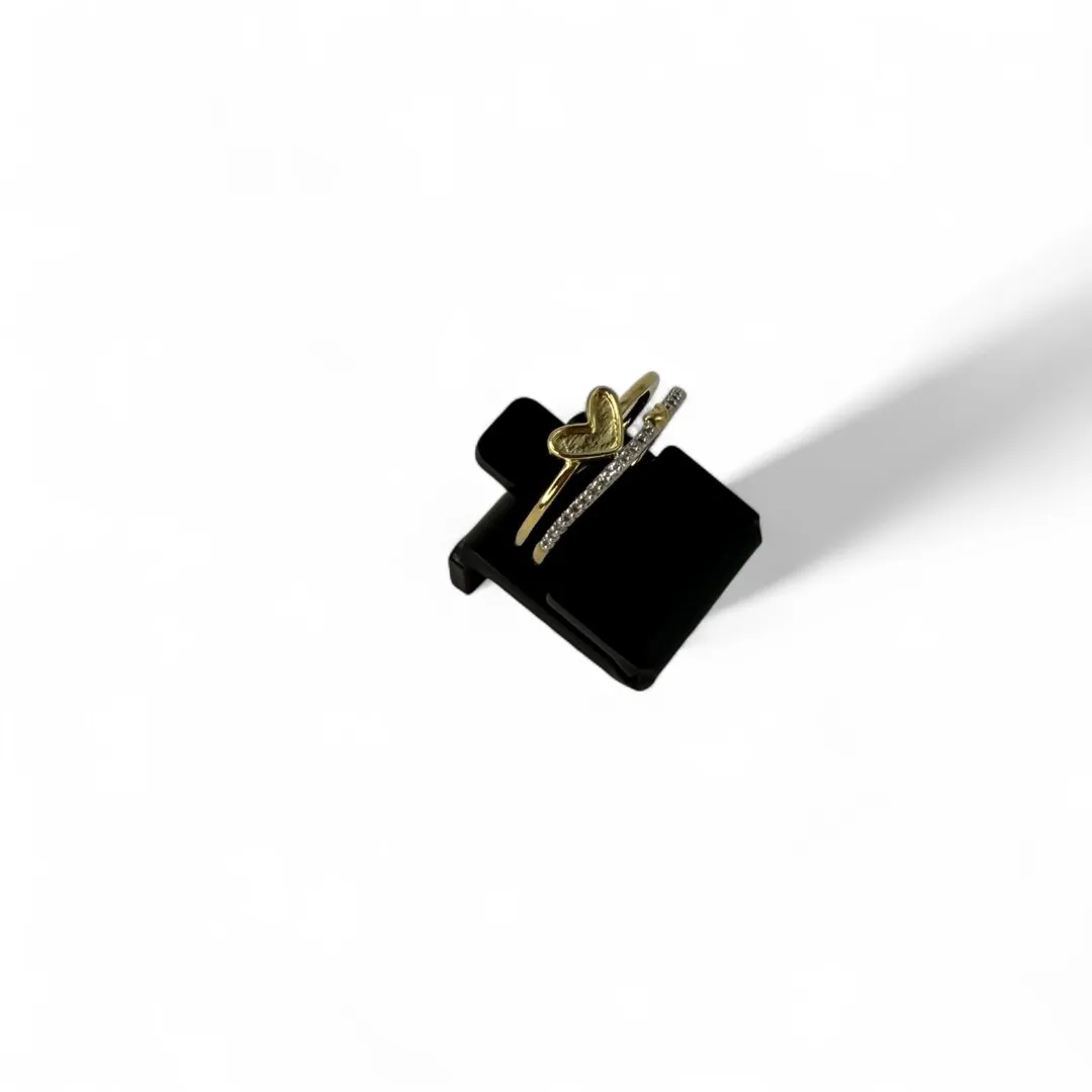 ANEL ARO DUPLO CORAÇÃO LISO COM ARO EM MICRO ZIRCONIA CRAVADA CRISTA Nº REGULAVEL - BANHADO A OURO 18K