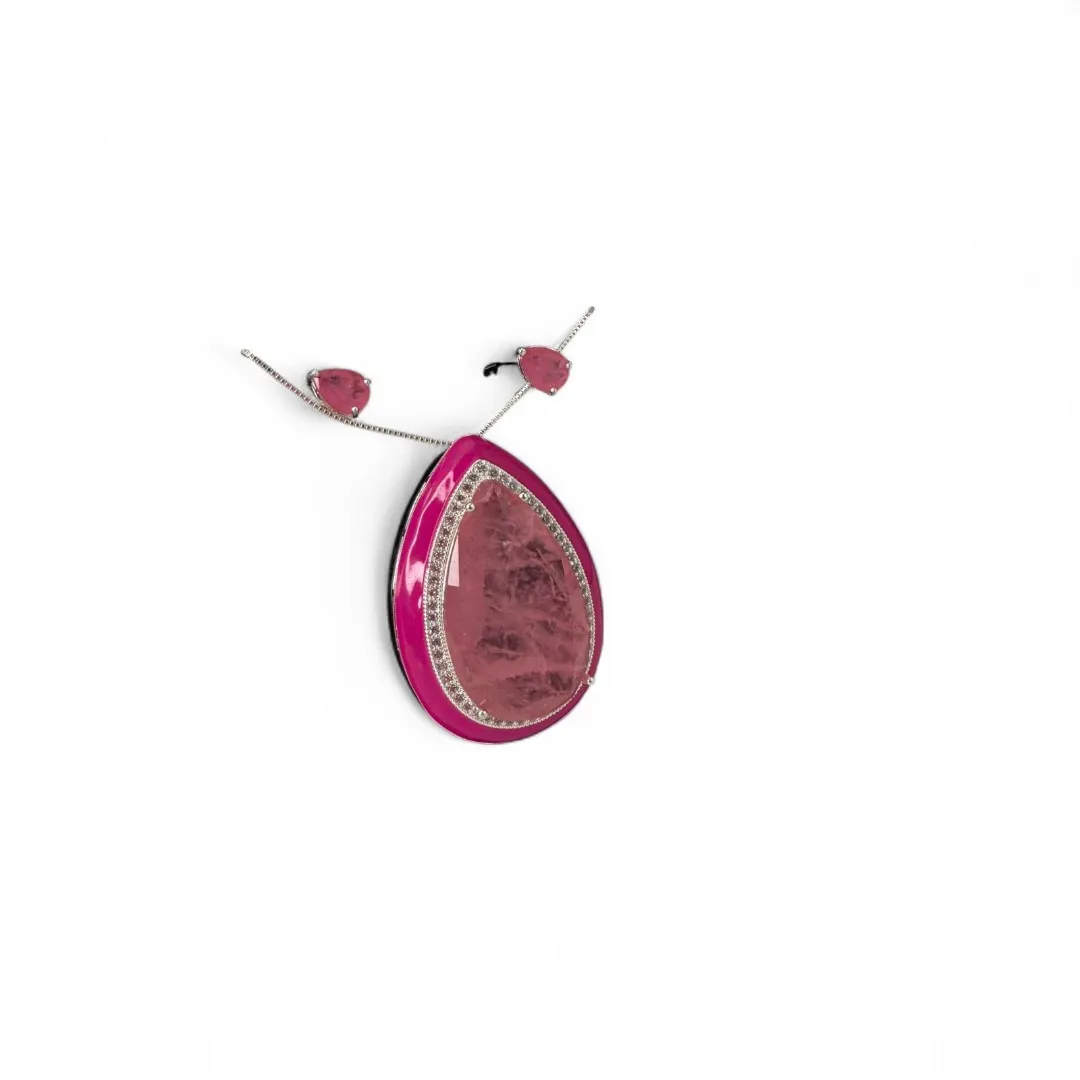 CONJUNTO CORRENTE VENEZIANA GOTA FUSION PINK COM ESMALTADO PINK - BANHADO A PRATA 925