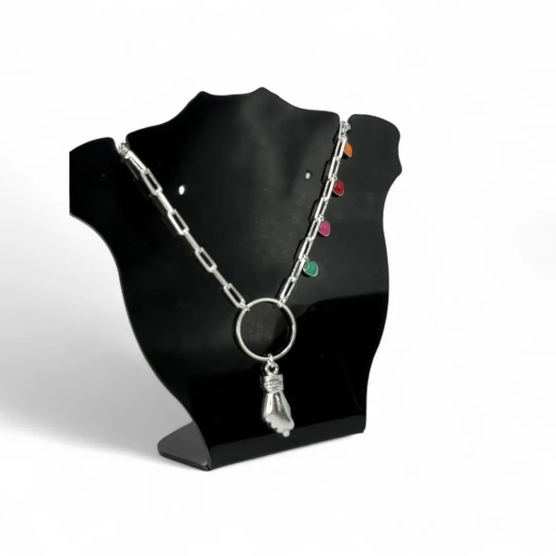 CORRENTE CUMPRIDA MAO DE FATIMA COM BOLINHA NEON COM EXTENSOR - BANHADO A PRATA 925