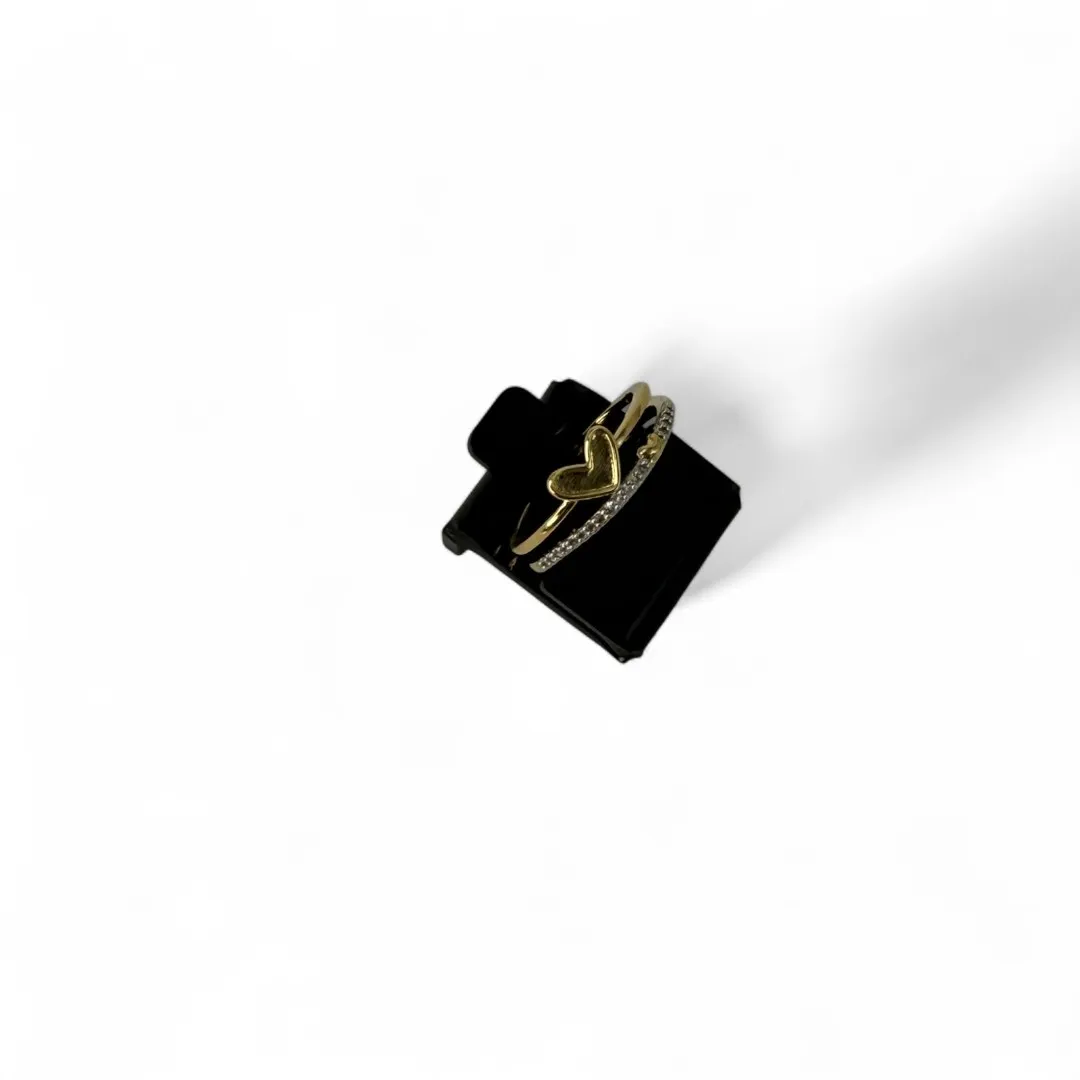 ANEL ARO DUPLO CORAÇÃO LISO COM ARO EM MICRO ZIRCONIA CRAVADA CRISTA Nº REGULAVEL - BANHADO A OURO 18K