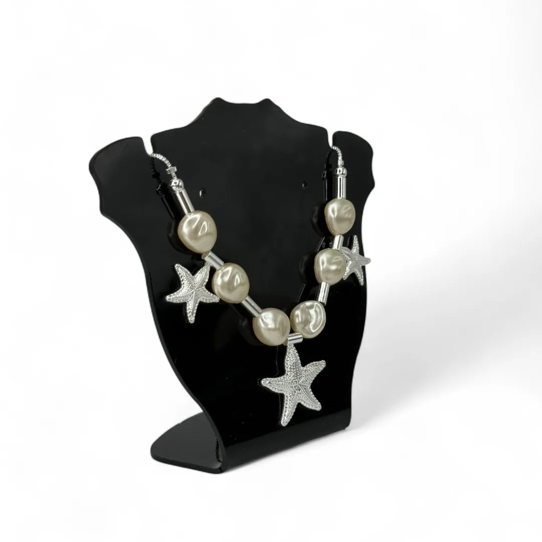 CHOKER VENEZIANA COM PÉROLA DE AGUA DOCE COM PENDURICALHO ESTRELA DO MAR LISO COM EXTENSOR - BANHADO A PRATA 925