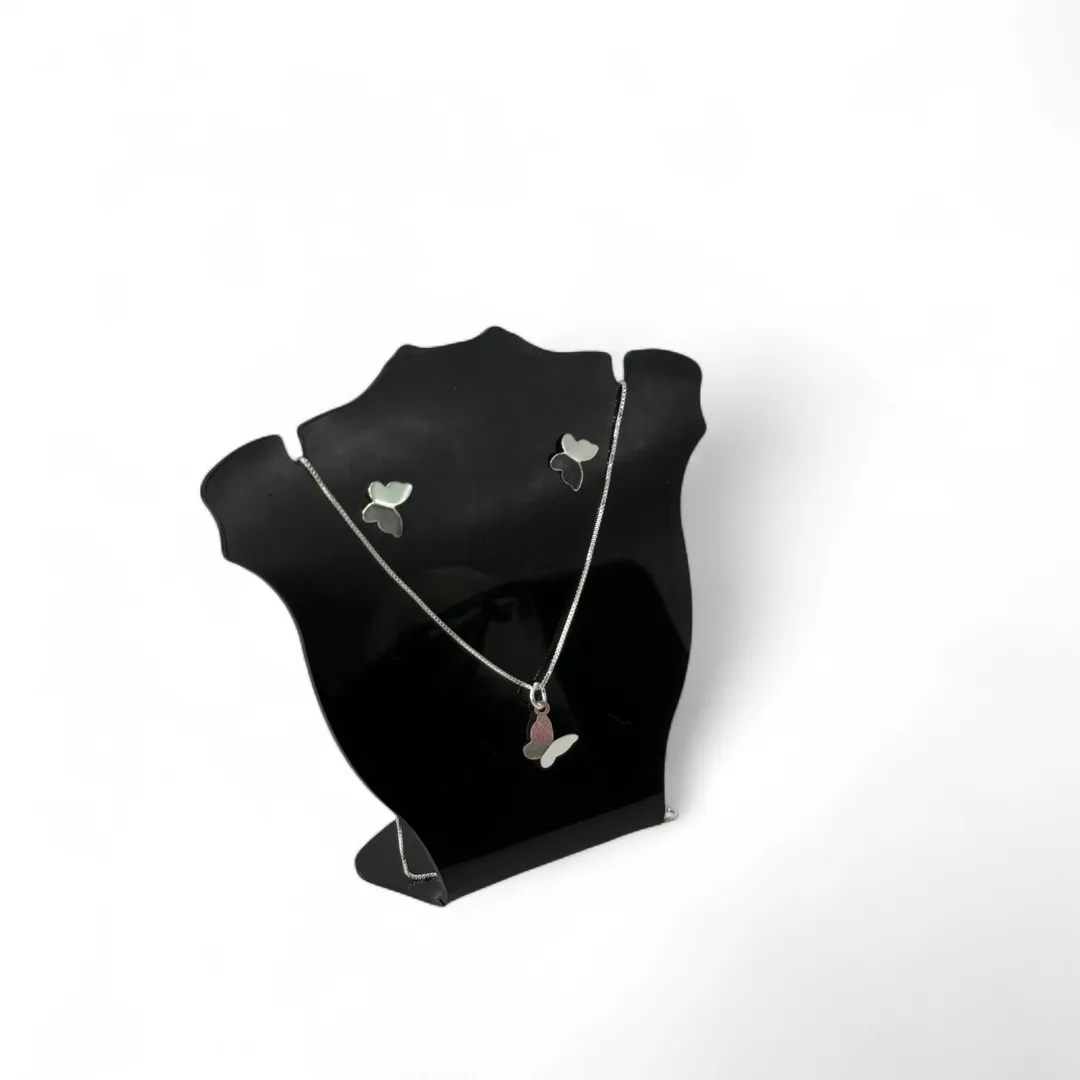 CONJUNTO CORRENTE VENEZIANA COM BRINCO DE BORBOLETA LISO  -PRATA 925