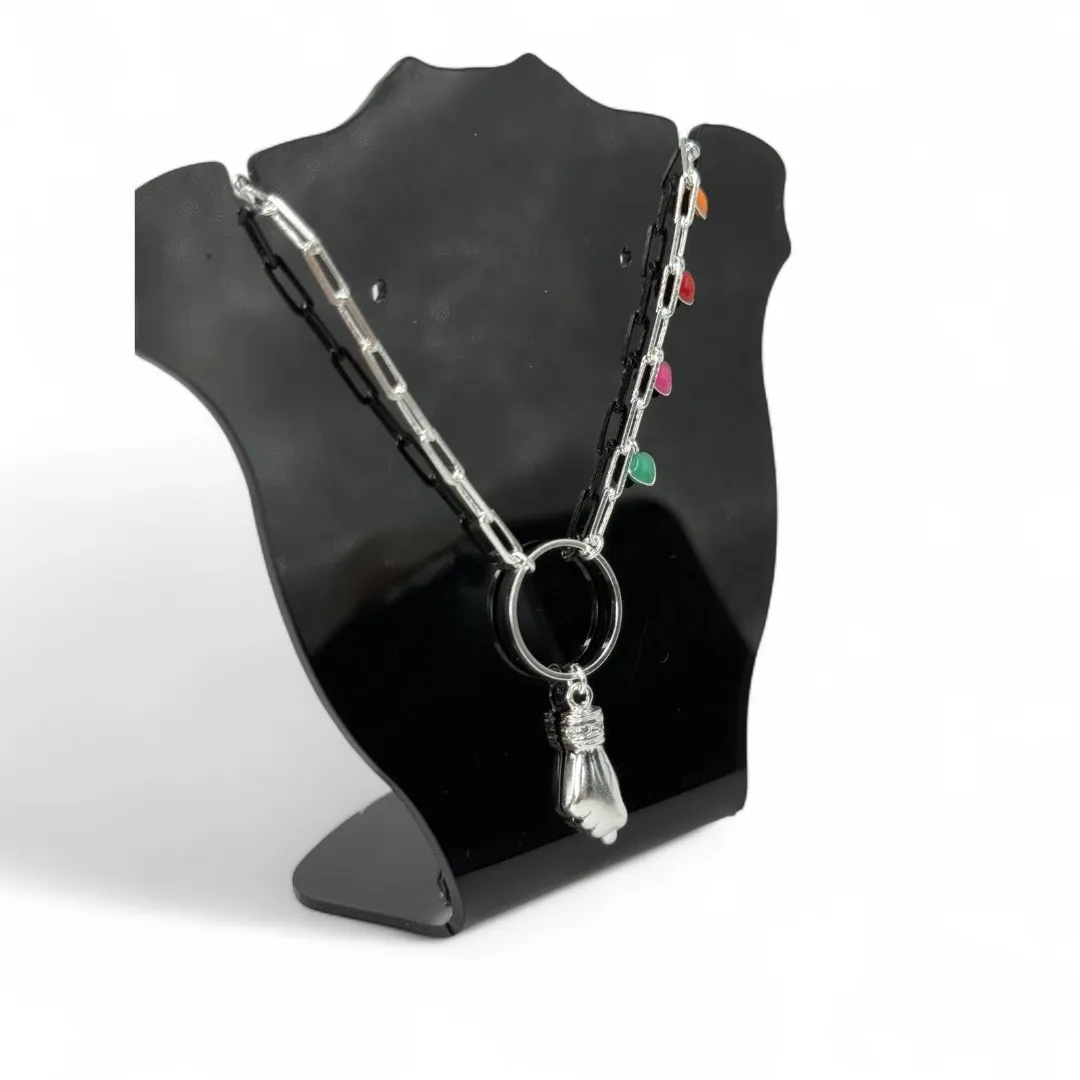 CORRENTE CUMPRIDA MAO DE FATIMA COM BOLINHA NEON COM EXTENSOR - BANHADO A PRATA 925
