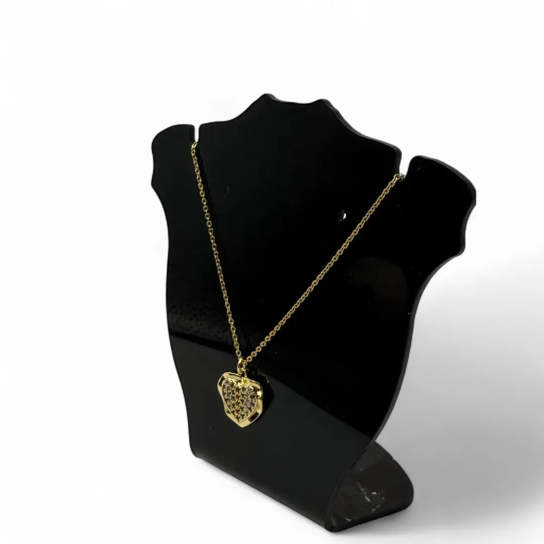 CORRENTE DUPLA ELO PORTUGUES FINO 70CM COM CORAÇÃO TRABALHADO E ZIRCONIA COLORIDA-  BANHADO A OURO 18K