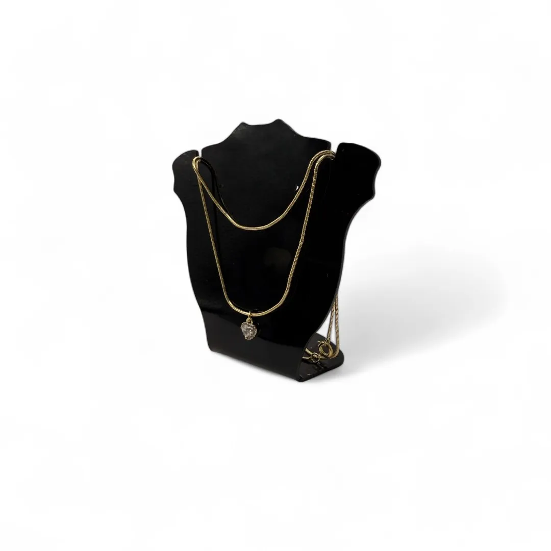 CORRENTE DUPLA RABO DE RATO 70CM COM CORAÇÃO CRISTAL-  BANHADO A OURO 18K