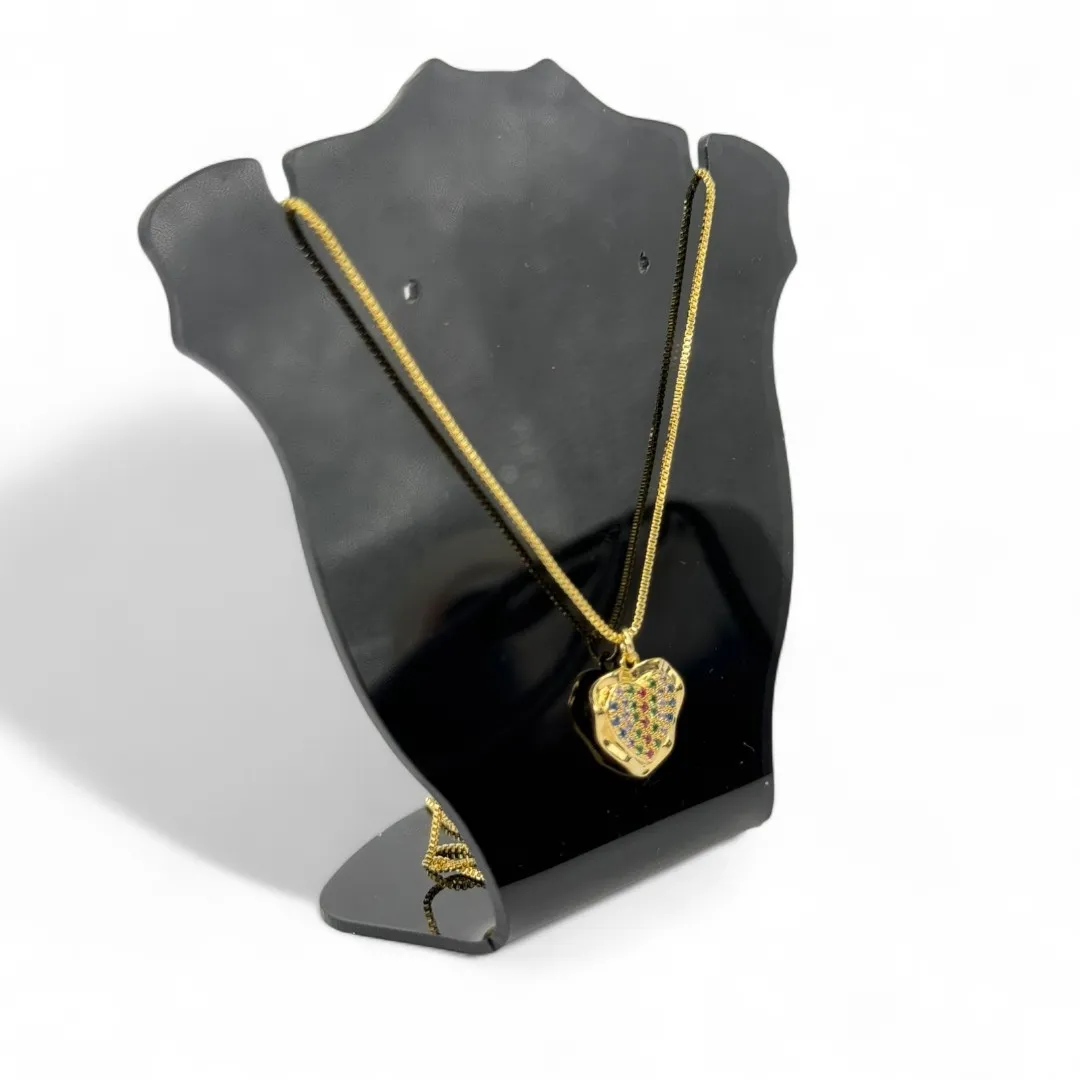CORRENTE VENEZIANA CORAÇÃO COM CRAVAÇÃO DE MICRO ZIRCONIA COLORIDA E LATERAL LISA   - BANHADO A OURO 18K