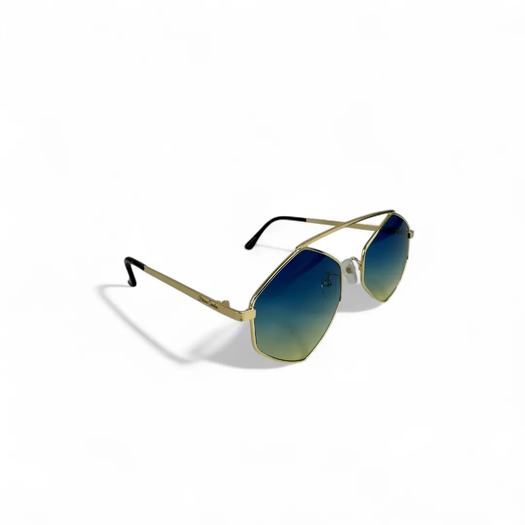 ÓCULOS DE SOL OCTAGON COM LENTE AZUL DEGRADE ARMAÇÃO DOURADA COM PROTEÇÃO UV 400 - MARCA PROPRIA