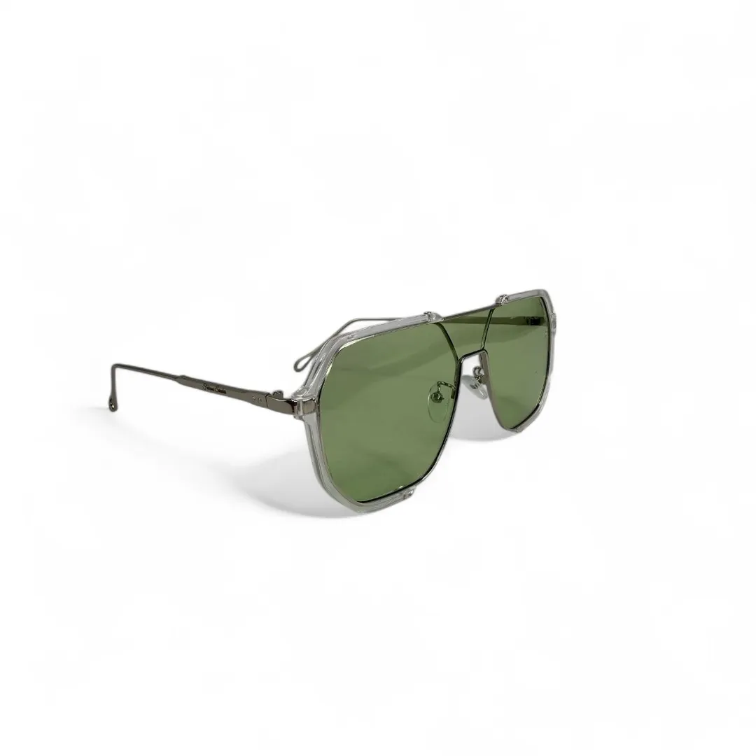 ÓCULOS DE SOL REDONDO COM DETALHES LENTE VERDE CLARO ARMAÇÃO TRASPARENTE COM PROTEÇÃO UV 400 - MARCA PROPRIA