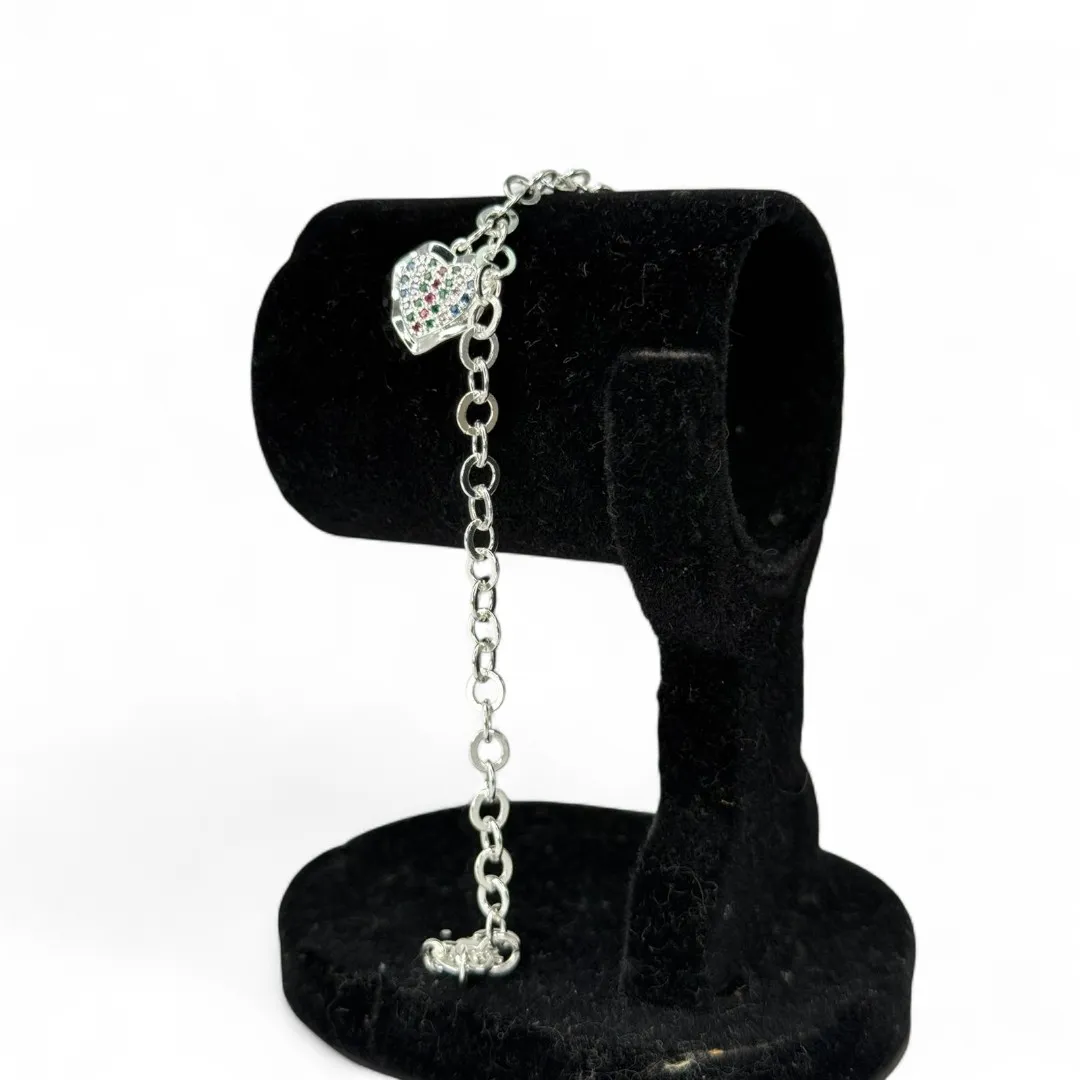 PULSEIRA ELO GRUMET LARGO COM CORAÇÃO CRAVEJADO COLORIDO -  BANHADO A PRATA 925