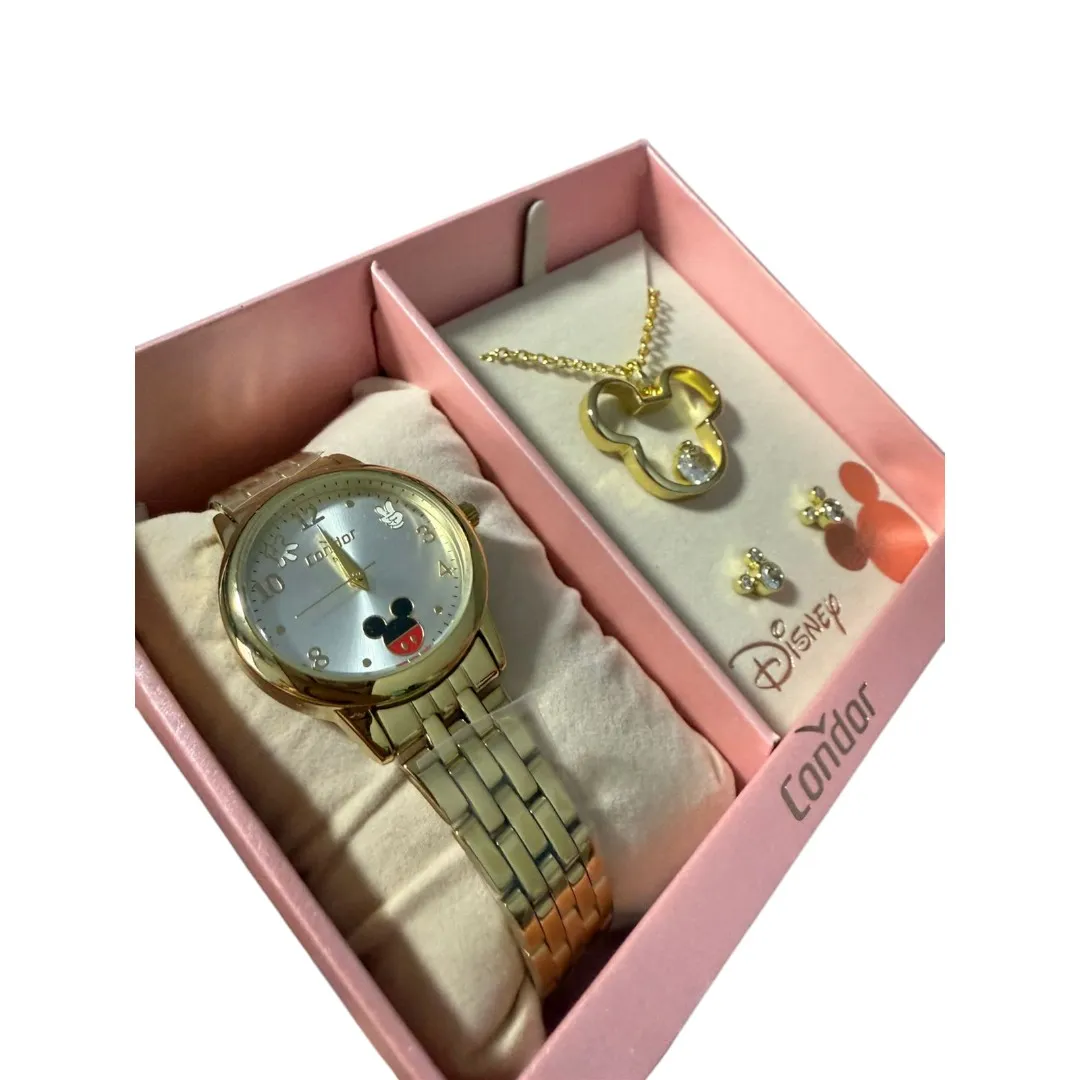 RELOGIO CONDOR FEMININO LINHA DISNEY DOURADO COM FUNDO MIKEY ACOMPANHA ACESSORIOS CORRENTE E BRINCO PERSONAGEM - COR AÇO DOURADO
