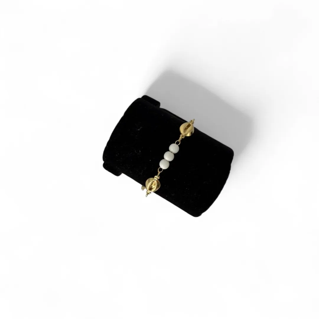 TORNOZELEIRA ELO GRUMET BUZIOS COM BOLINHAS BRANCAS E EXTENSOR - BANHADO A OURO 18K