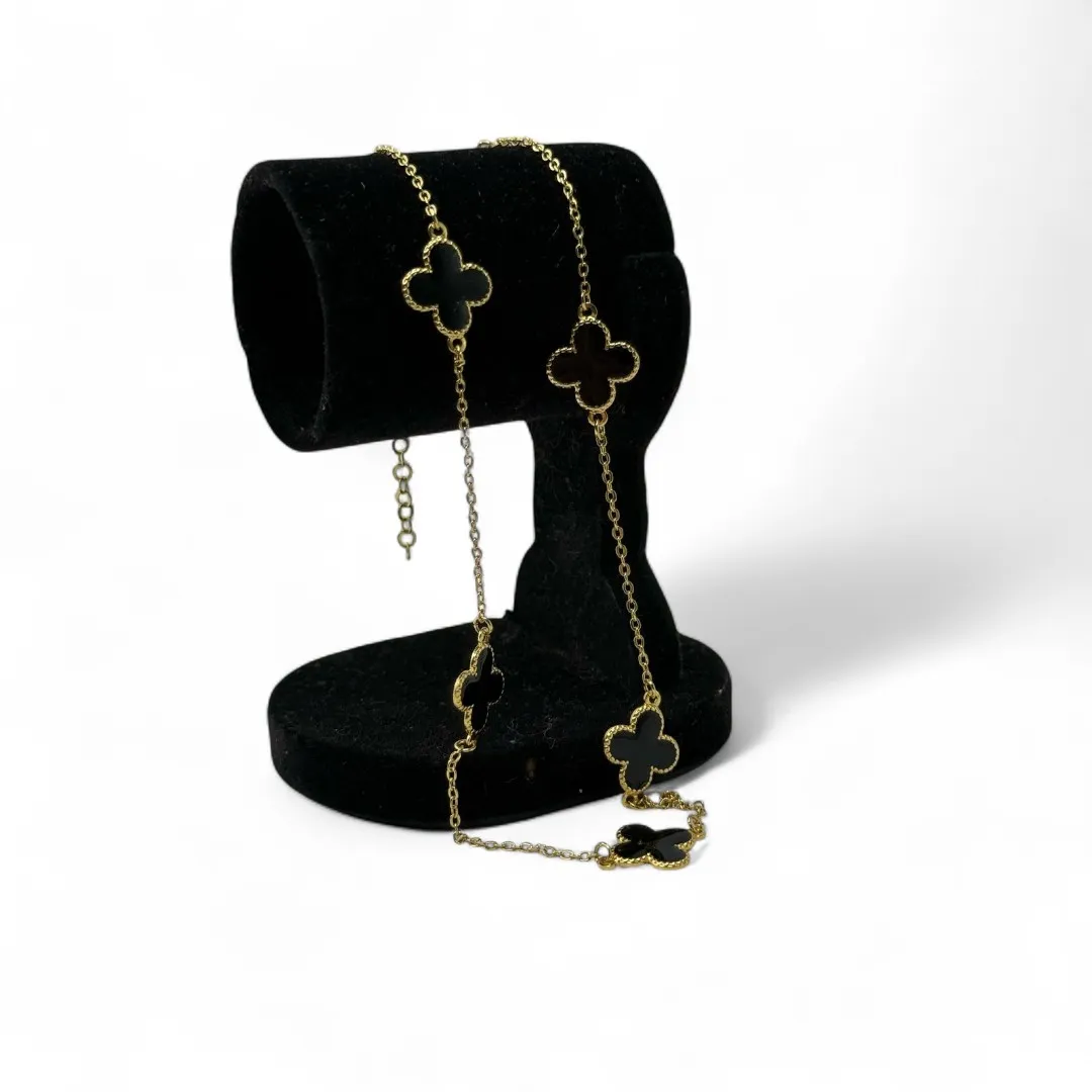 CORRENTE CHOKER TREVO PRETO 10MM RESINADO COM EXTENSOR - BANHADO A OURO 18K