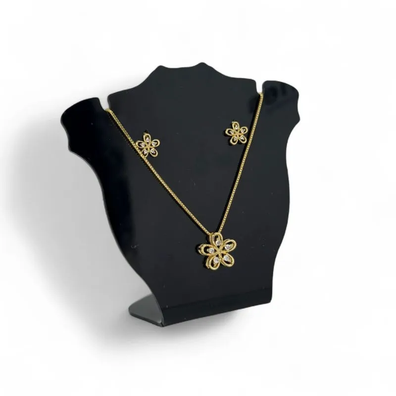 CONJUNTO CORRENTE VENEZIANA COM FLOR 5 PETALAS CRAVEJADA EM MICRO ZIRCONIA CRISTAL E EXTENSOR - BANHADO A OURO 18K