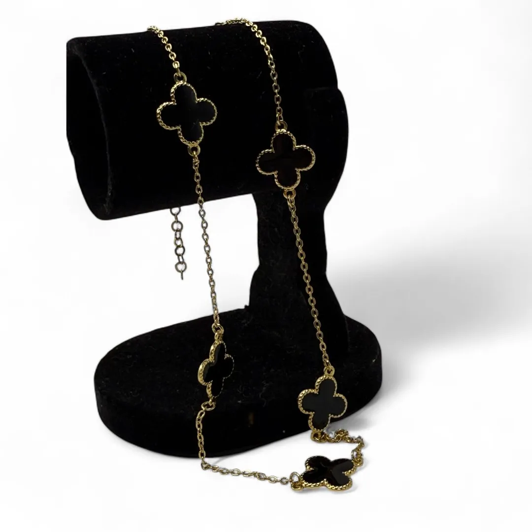 CORRENTE CHOKER TREVO PRETO 10MM RESINADO COM EXTENSOR - BANHADO A OURO 18K