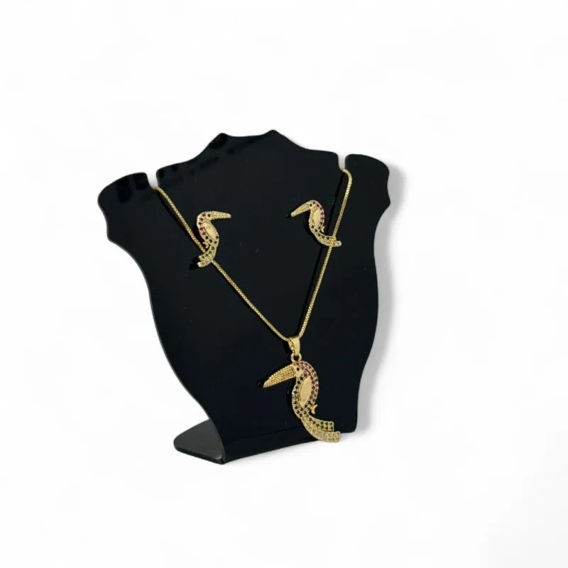 CONJUNTO CORRENTE VENEZIANA COM BEIJA-FLOR  ZIRCONIA COLORIDA- BANHADO A OURO 18K