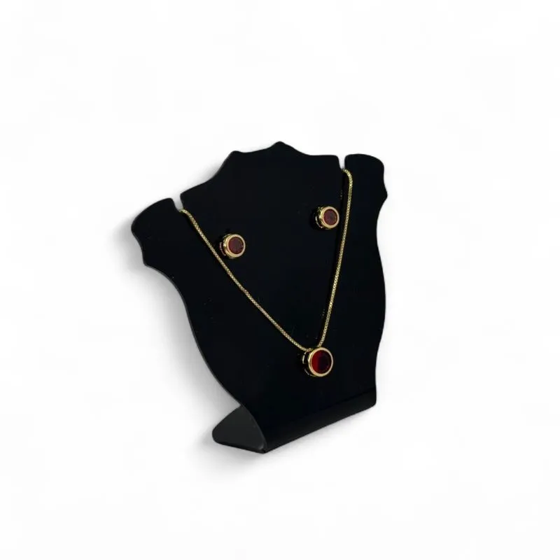 CONJUNTO CORRENTE VENEZIANA COM PINGENTE REDONDO VERMELHO COM BORDA  - BANHADO A OURO 18K