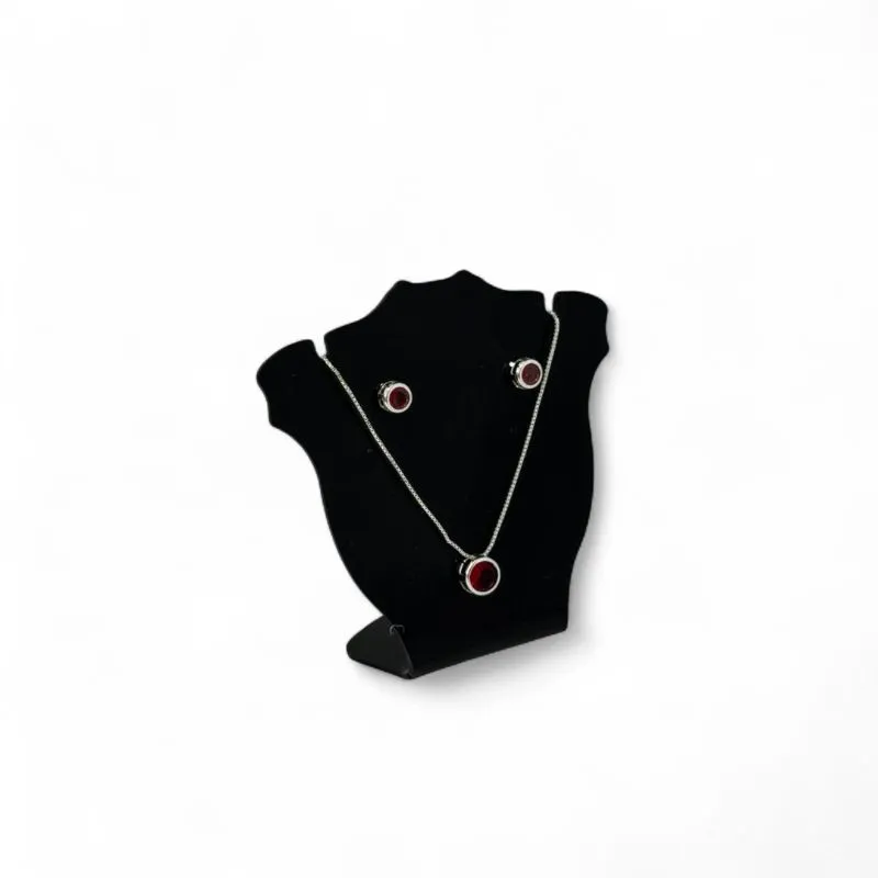 CONJUNTO CORRENTE VENEZIANA COM PINGENTE REDONDO VERMELHO COM BORDA  - BANHADO A PRATA 925