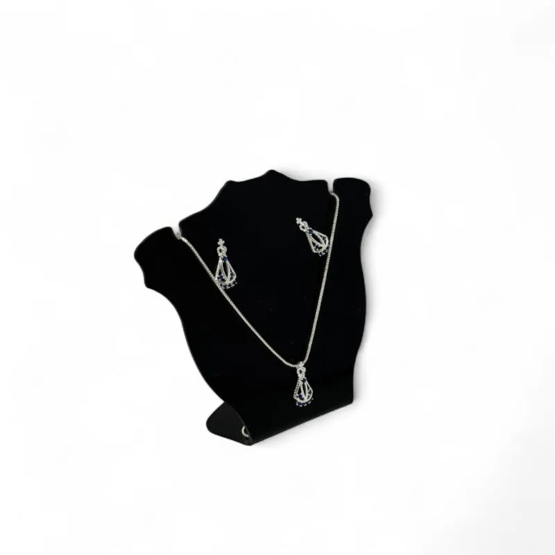 CONJUNTO CORRENTE VENEZIANA E BRINCO NOSSA SENHORA DE APARECIDA ZIRCONIA AZUL - BANHADO A PRATA 925