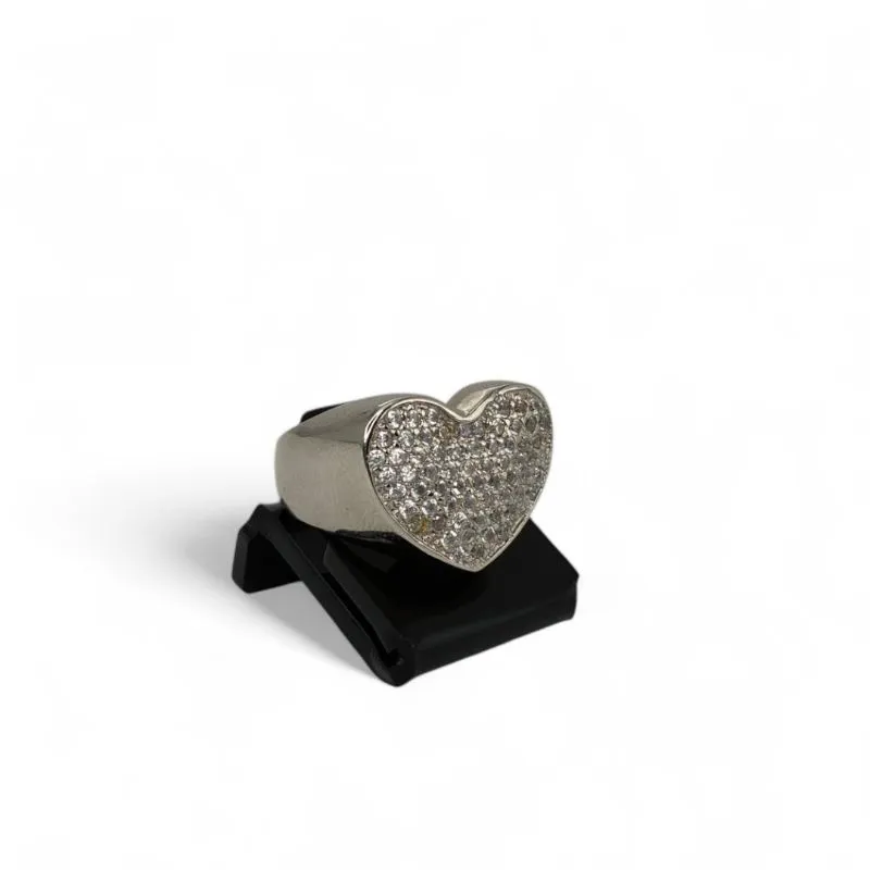 ANEL CORAÇÃO GRANDE RETO  CRAVEJADO ZIRCONIA CRISTAL- Nª22- BANHADO A RÓDIO BRANCO