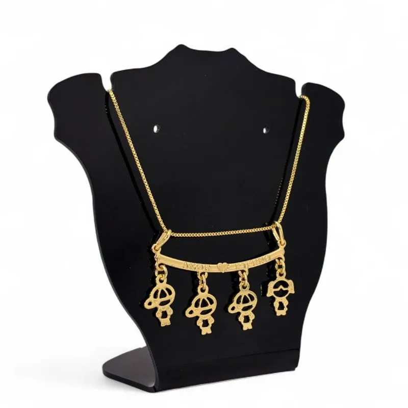 CORRENTE VENEZIANA CANGA COM 4 BONECOS LISOS TRES MENINOS E UMA MENINA- BANHADO A OURO 18K