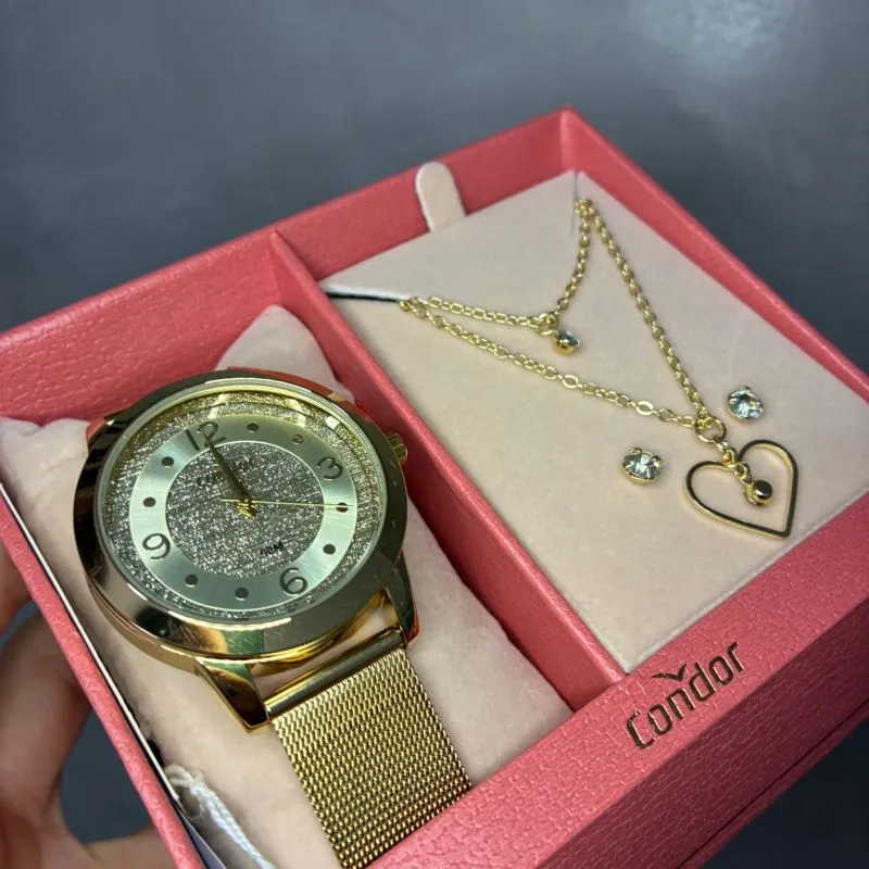 RELOGIO CONDOR DOURADO FUNDO COM BRILHO ROSÉ - COR OURO