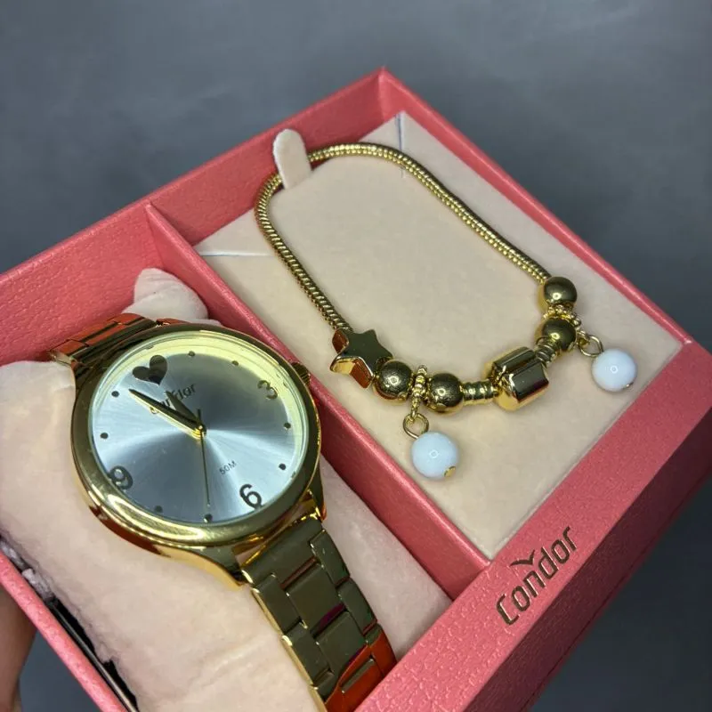 RELOGIO CONDOR FEMININO DOURADO PULSEIRA BLOCO COM FUNDO OFF E CORAÇÃO  ACOMPANHA ACESSORIO PULSEIRA COM PINGENTES  C02035MZY/K4K - COR AÇO DOURADO
