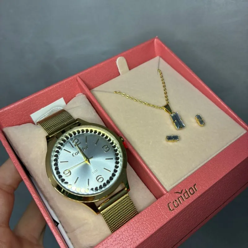 RELOGIO CONDOR FEMININO DOURADO PULSEIRA ESTEIRA COM FUNDO ROSÉ E CORAÇOES  ACOMPANHA ACESSORIOS CONJUNTO BRINCO E CORRNETE CO2035NEL/K4D - COR AÇO DOURADO