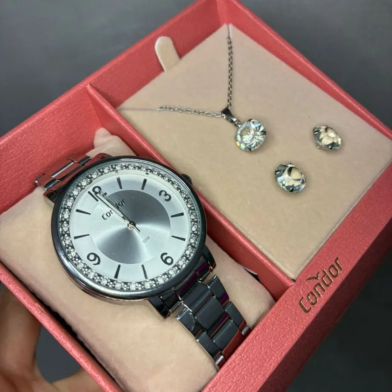 RELOGIO CONDOR FEMININO PRATA PULSEIRA BLOCO COM FUNDO PRATA DEGRADE  E LATERAL COM BRILHO ACOMPANHA ACESSORIO CORRENTE E BRINCO C02035NFA/K4K - COR AÇO PRATA