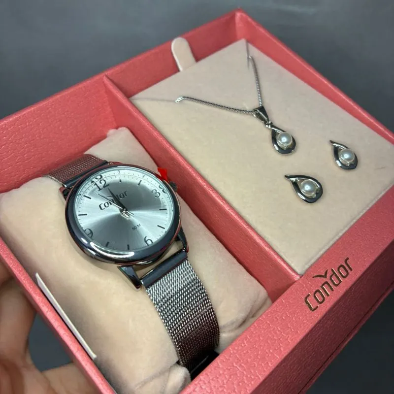 RELOGIO CONDOR FEMININO PRATA PULSEIRA ESTREIRA COM FUNDO PRATA E LATERAL LISA ACOMPANHA ACESSORIO CORRENTE E BRINCO C02035NCW/K4K - COR AÇO PRATA