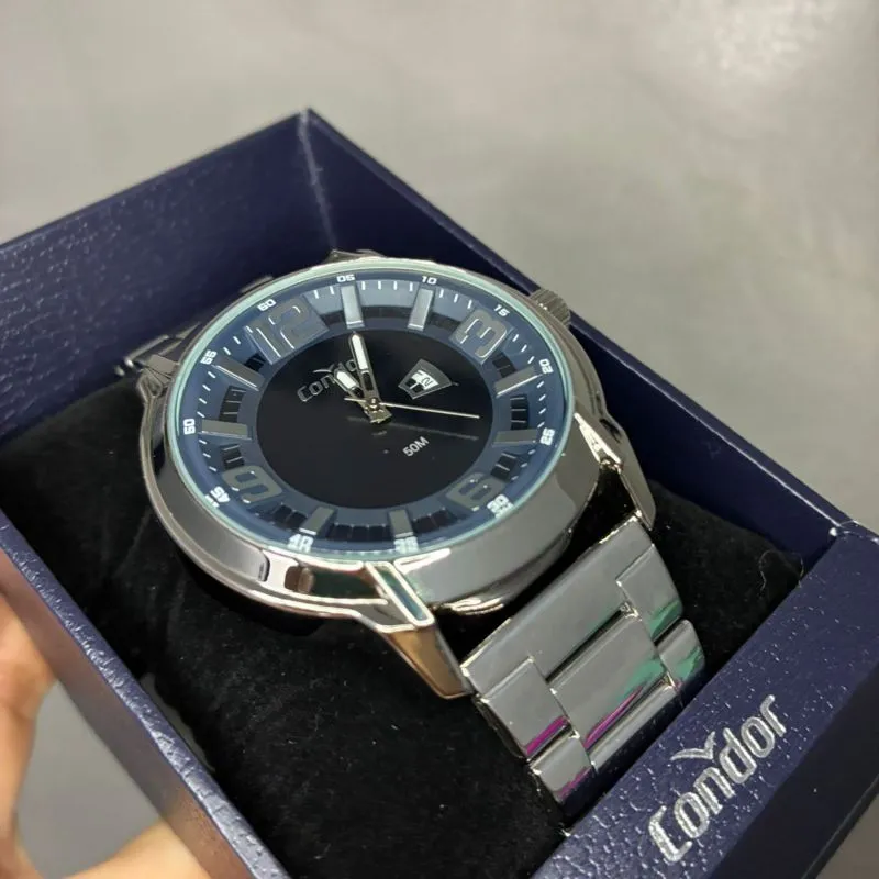 RELOGIO CONDOR MASCULINO PRATA PULSEIRA BLOCO COM FUNDO PRETO E DATA C02015AB/4A - COR AÇO PRATA