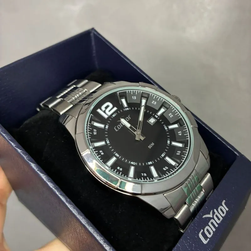 RELOGIO CONDOR MASCULINO PRATA PULSEIRA BLOCO COM FUNDO PRETO/FUME E DATA C02115MVW/4P- COR AÇO PRATA