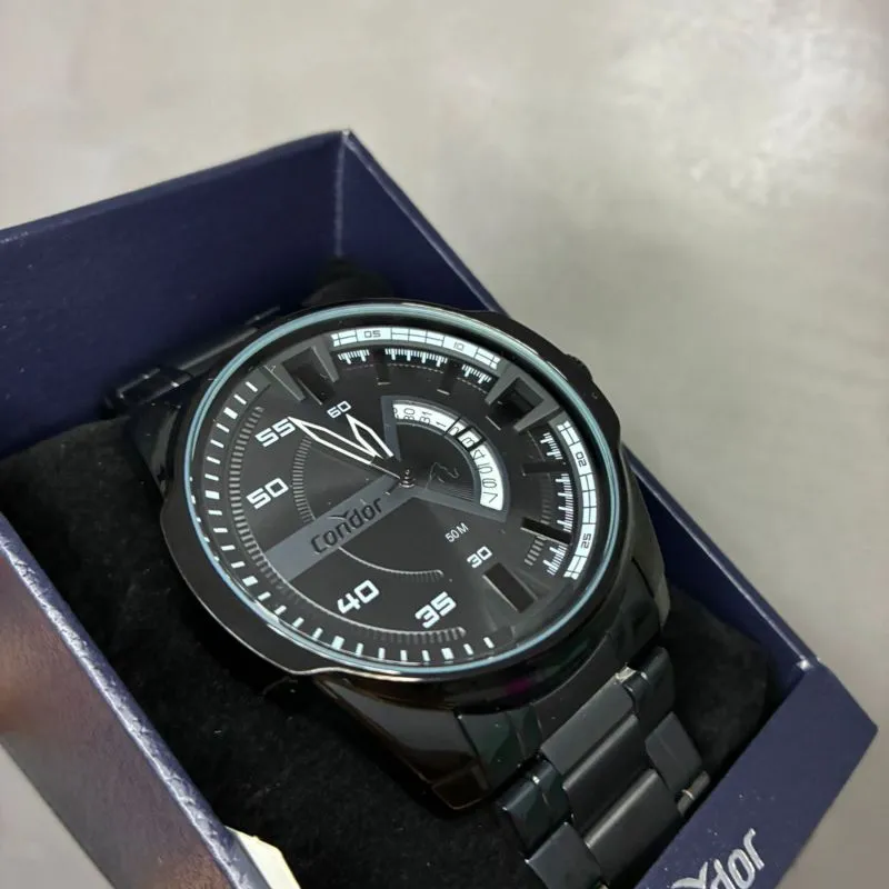 RELOGIO CONDOR MASCULINO PRETO PULSEIRA BLOCO COM FUNDO PRETO E DATA C02115MXX/4P- COR AÇO PRATA